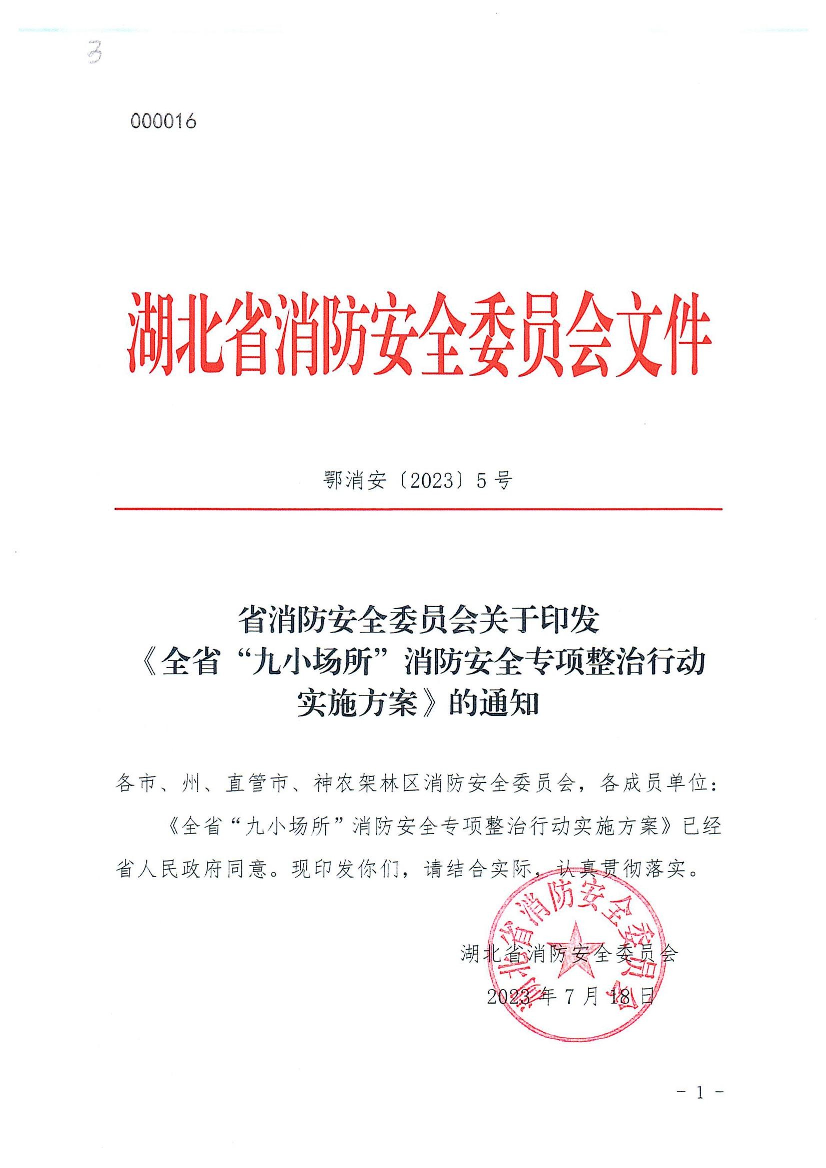 省消防安全委员会关于印发《全省“九小场所”消防安全专项整治行动实施方案》的通知